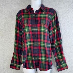 Chaps Denim lightweight Mens Large Red Green Plaid Button Down Shirt Long Sleeve